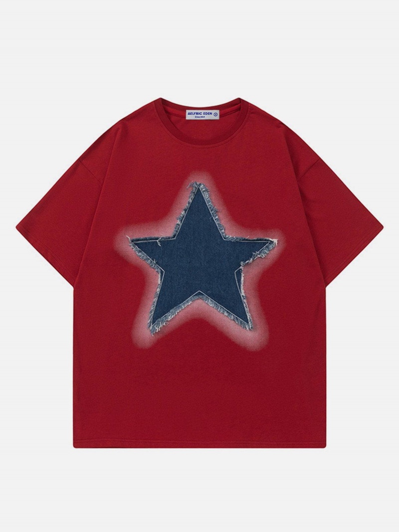 Vert  T Shirts Aelfric Eden Embroidery Denim Star Tee Grise - EON-9412156